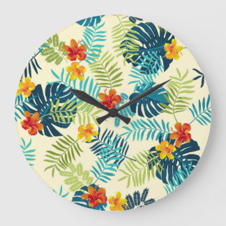 Grande Horloge Ronde Monstère tropicale Hibiscus Motif d'été