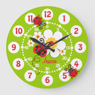 Grande Horloge Ronde Montre murale coccinelle et fleur verte mignonne p