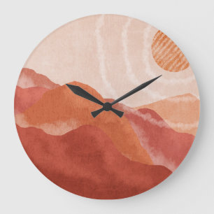 Grande Horloge Ronde Monts Boho en terre cuite, affiche abstraite.