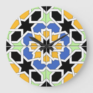 Grande Horloge Ronde Mosaïque 02 de carreau marocain bleu et noir dans