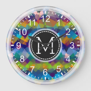 Grande Horloge Ronde Mosaïque colorée Monogramme moderne #17