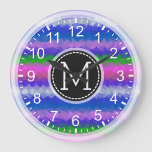 Grande Horloge Ronde Mosaïque colorée Monogramme moderne #19