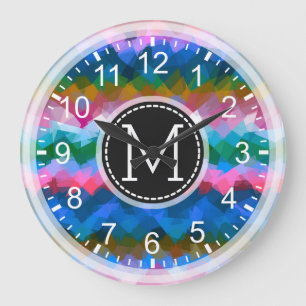 Grande Horloge Ronde Mosaïque colorée Monogramme moderne #8