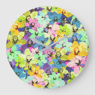 Grande Horloge Ronde Mosaïque d'orchidées multicolores,