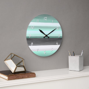 Grande Horloge Ronde Motif à rayures aquarelle vert menthe pastel gris