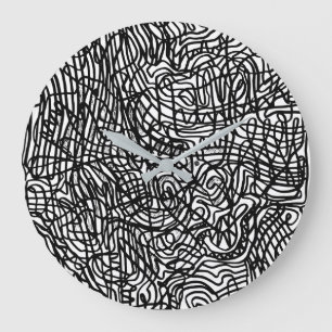 Grande Horloge Ronde Motif Abstrait de lignes noir et blanc