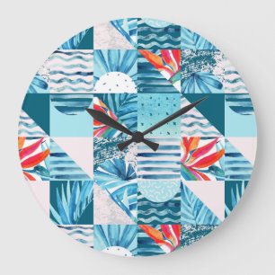 Grande Horloge Ronde Motif abstrait géométrique turquoise tropical