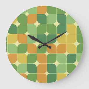 Grande Horloge Ronde Motif Abstrait Milieu de Siècle Vert Orange  