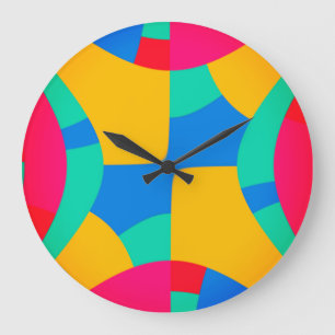 Grande Horloge Ronde Motif abstrait rose, bleu et orange