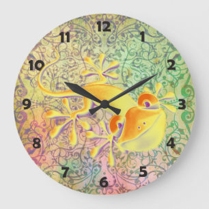 Grande Horloge Ronde Motif antique d'ornement d'arts + Gecko de sourire