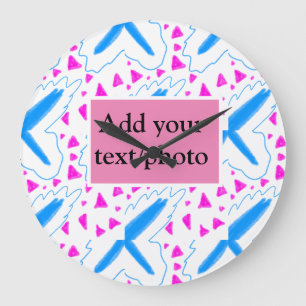 Grande Horloge Ronde Motif aquarelle bleu rose ajoutez nom texte person
