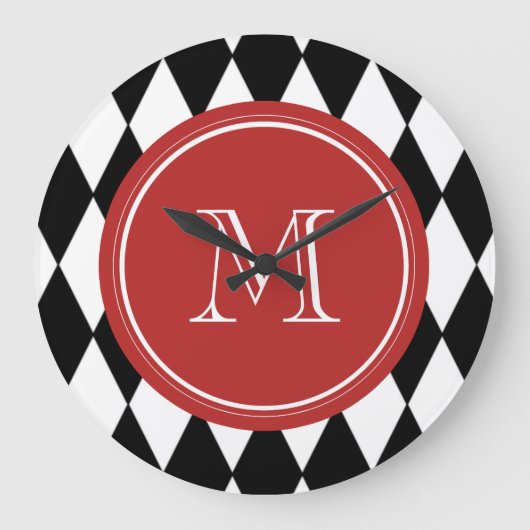 Grande Horloge Ronde Motif Arlequin blanc noir, Monogramme rouge (Recto)