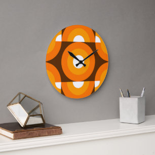 Grande Horloge Ronde Motif artistique rétro de cercles orange marron fu