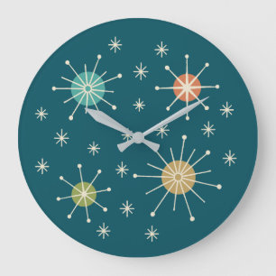Grande Horloge Ronde Motif Atomique en Étoile Éclatée de Style Mid Cent