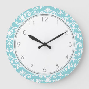 Grande Horloge Ronde Motif bleu de motif de damassé d'Aqua