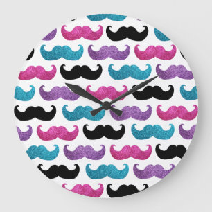 Grande Horloge Ronde Motif bling coloré de moustache (parties