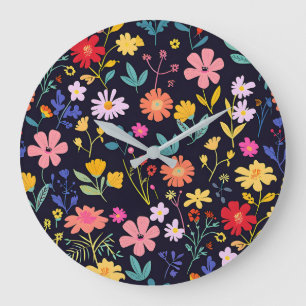 Grande Horloge Ronde Motif bohémien floral coloré et fantaisiste foncé