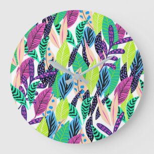 Grande Horloge Ronde Motif botanique tropical moderne coloré