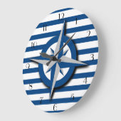 Grande Horloge Ronde Motif boussole et rayures inspiré du nautique (Angle)