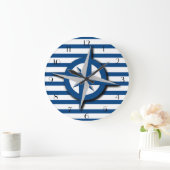 Grande Horloge Ronde Motif boussole et rayures inspiré du nautique (Maison)