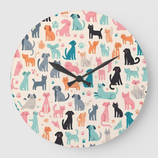 Grande Horloge Ronde Motif chien et chat sans couture (Recto)