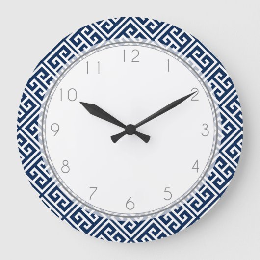 Grande Horloge Ronde Motif clé bleu grec de la marine (Recto)