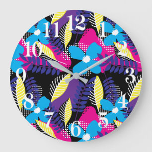 Grande Horloge Ronde Motif coloré à la florale chic et au point avec Fe