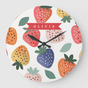 Grande Horloge Ronde Motif Coloré Personnalisé de Fraise d'Été