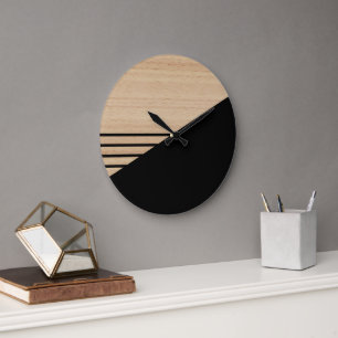 Grande Horloge Ronde Motif Contemporain En Blocs Sur Faux Bois