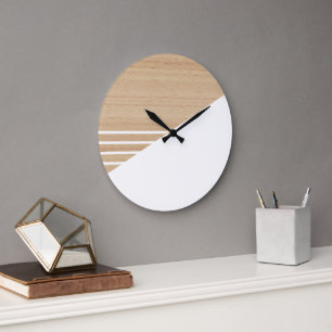 Grande Horloge Ronde Motif Contemporain En Blocs Sur Faux Bois