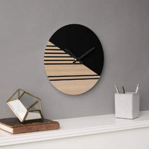 Grande Horloge Ronde Motif Contemporain En Blocs Sur Faux Bois