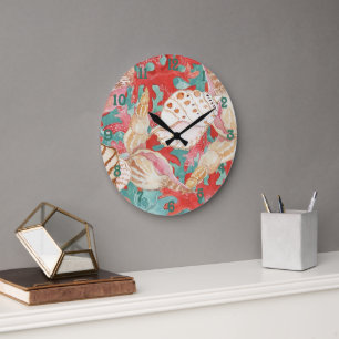 Grande Horloge Ronde Motif Coquillages Turquoise Corail Rouge Chic Aqua