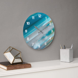 Grande Horloge Ronde Motif d'agate rubanée bleu sarcelle