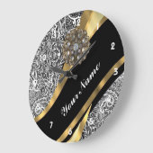 Grande Horloge Ronde Motif damassé floral noir et blanc (Angle)
