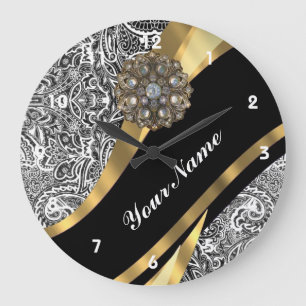 Grande Horloge Ronde Motif damassé floral noir et blanc