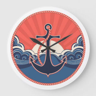 Grande Horloge Ronde Motif d'Ancre et de vague de mer