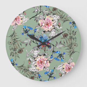 Grande Horloge Ronde Motif d'aquarelle Arrière - plan vert.