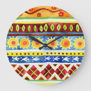 Grande Horloge Ronde Motif d'aquarelle ethnique peint à la main