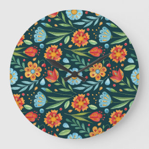 Grande Horloge Ronde Motif d'aquarelle illustrée à la main
