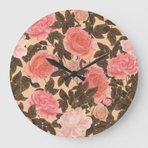 Grande Horloge Ronde motif d'aquarelle rose pêche vintage.