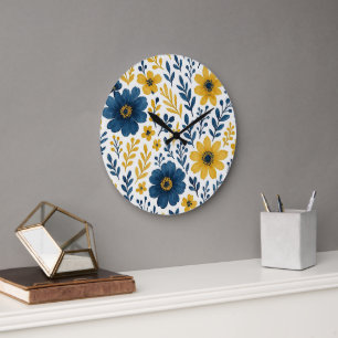 Grande Horloge Ronde Motif d'art floral méditerranéen classique