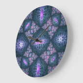Grande Horloge Ronde motif d'art fractal 3D Turquoise violet rose (Angle)