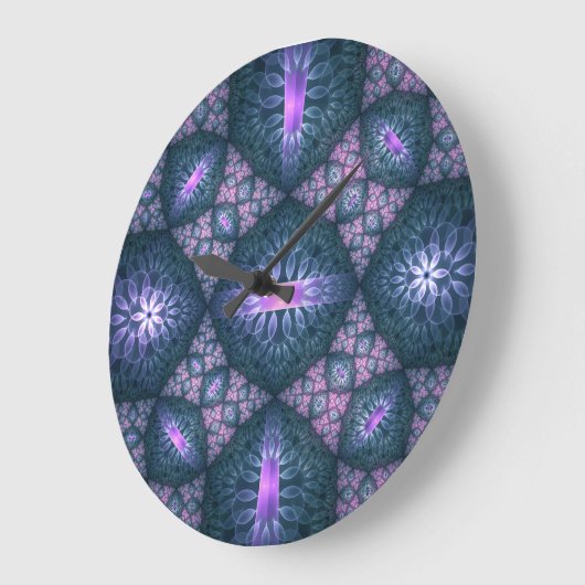 Grande Horloge Ronde motif d'art fractal 3D Turquoise violet rose (Angle)