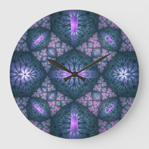 Grande Horloge Ronde motif d'art fractal 3D Turquoise violet rose