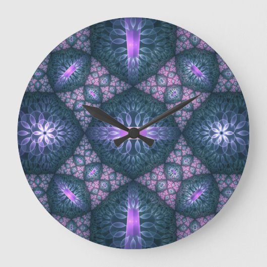 Grande Horloge Ronde motif d'art fractal 3D Turquoise violet rose (Recto)