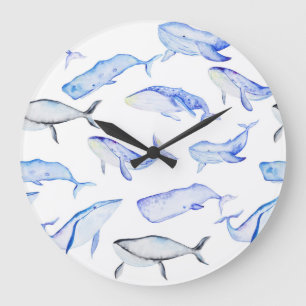 Grande Horloge Ronde Motif de baleine bleue d'aquarelle