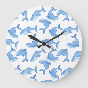 Grande Horloge Ronde Motif de baleine bleue d'aquarelle