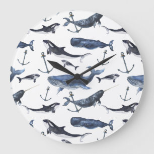 Grande Horloge Ronde Motif de baleine et d'Ancre d'aquarelle