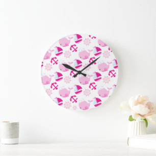 Grande Horloge Ronde Motif De Baleines, Beaux Baleines, Baleines Roses