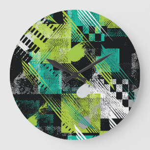 Grande Horloge Ronde Motif de bandes de points géométriques Abstraits
